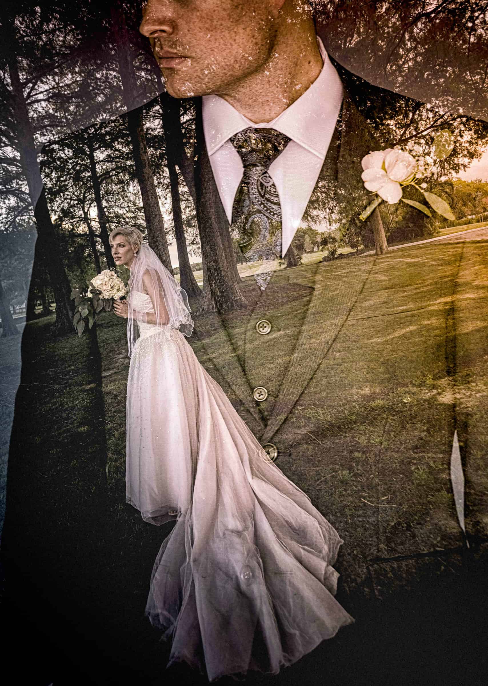 Double exposure of the bride among the trees layered over the groom’s suit and boutonniere
