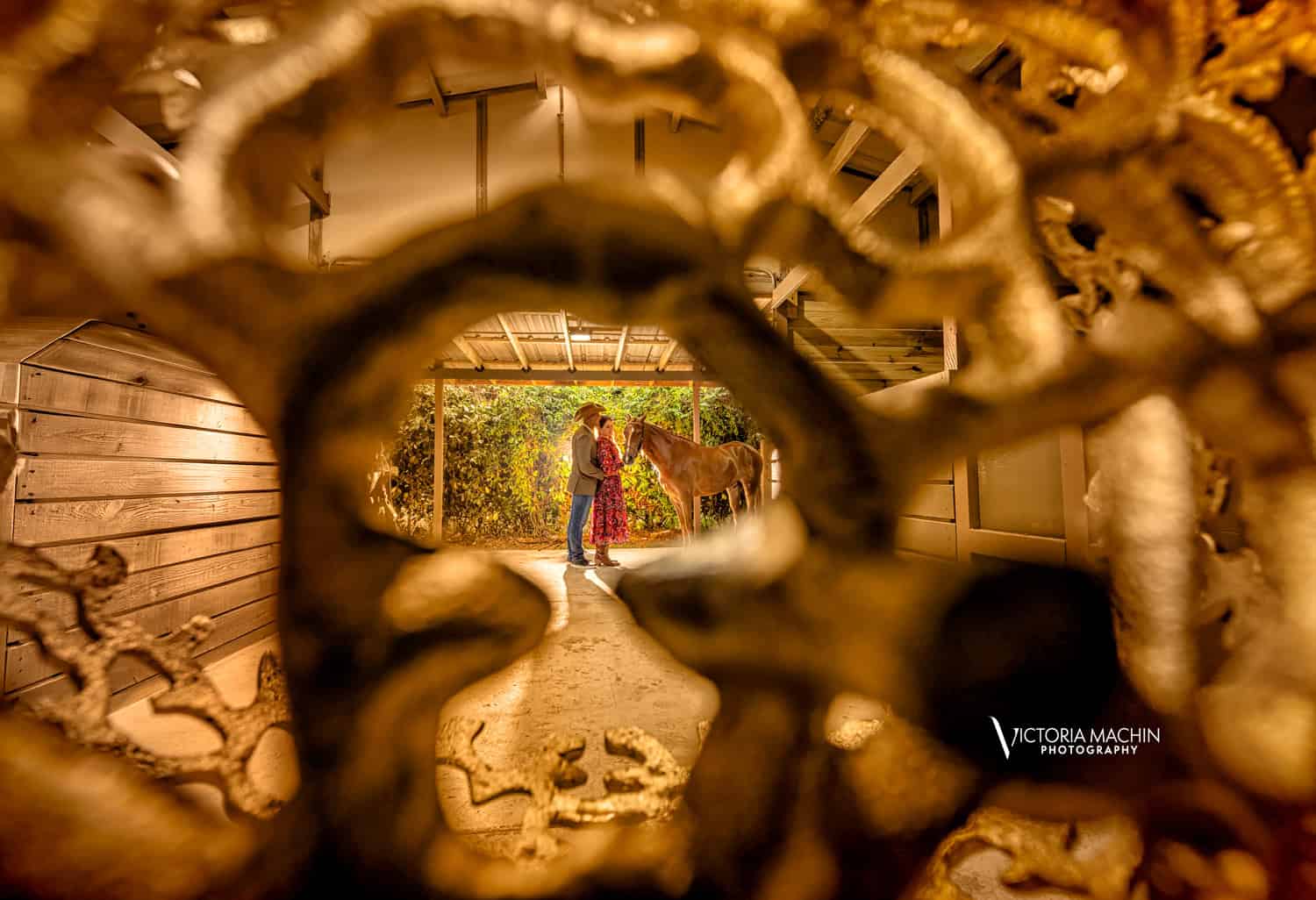Couple with their horse in a barn, seen through an ornate gold frame