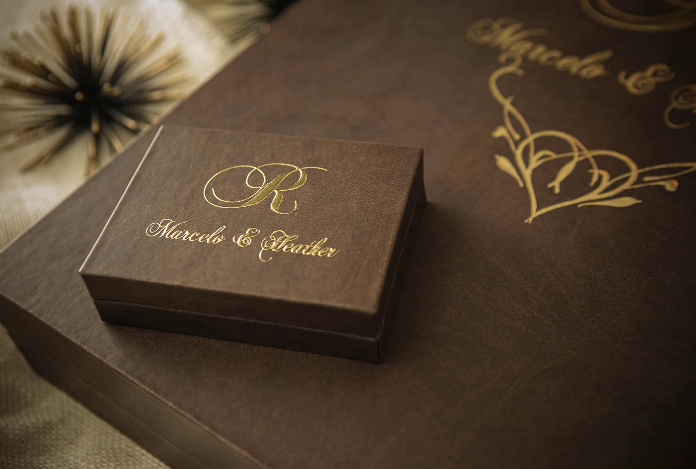 Brown leather heirloom album and keepsake box with gold-embossed monogram
